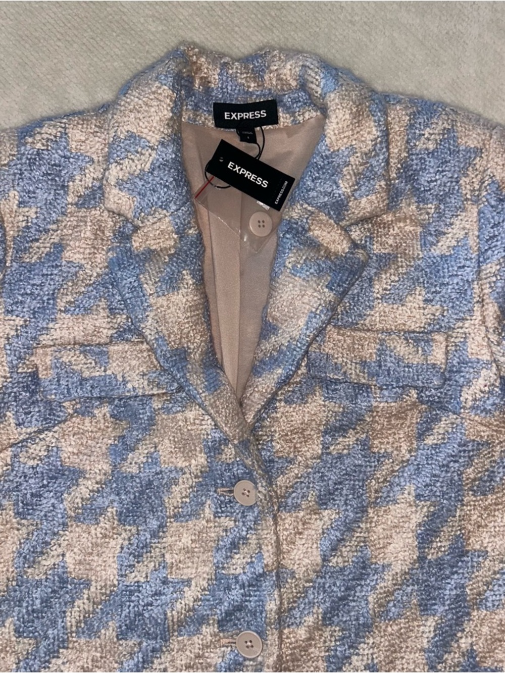 Express Textured Houndstooth Blazer in Light Blue and Cream